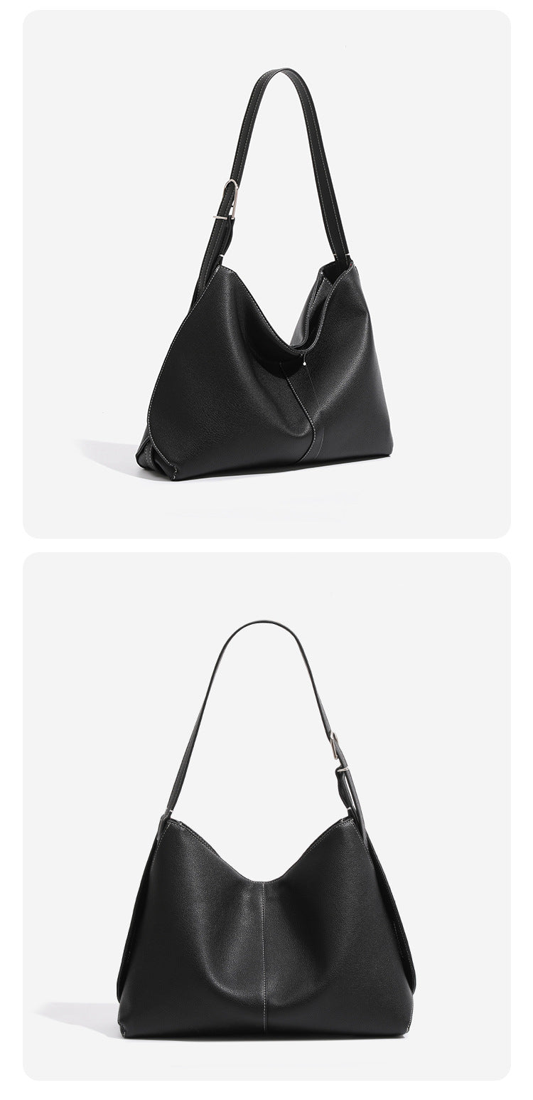Soft pebbled leather-look hobo shoulder bag with crescent dipped opening, central seam, and adjustable strap, detail view 8