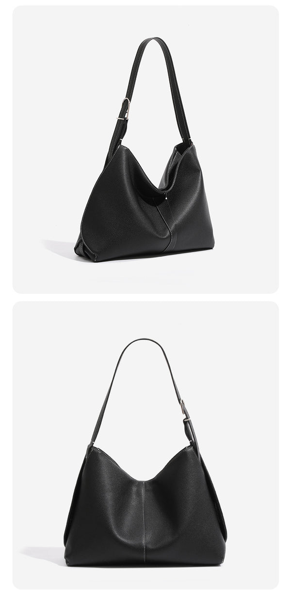 Soft pebbled leather-look hobo shoulder bag with crescent dipped opening, central seam, and adjustable strap, detail view 8