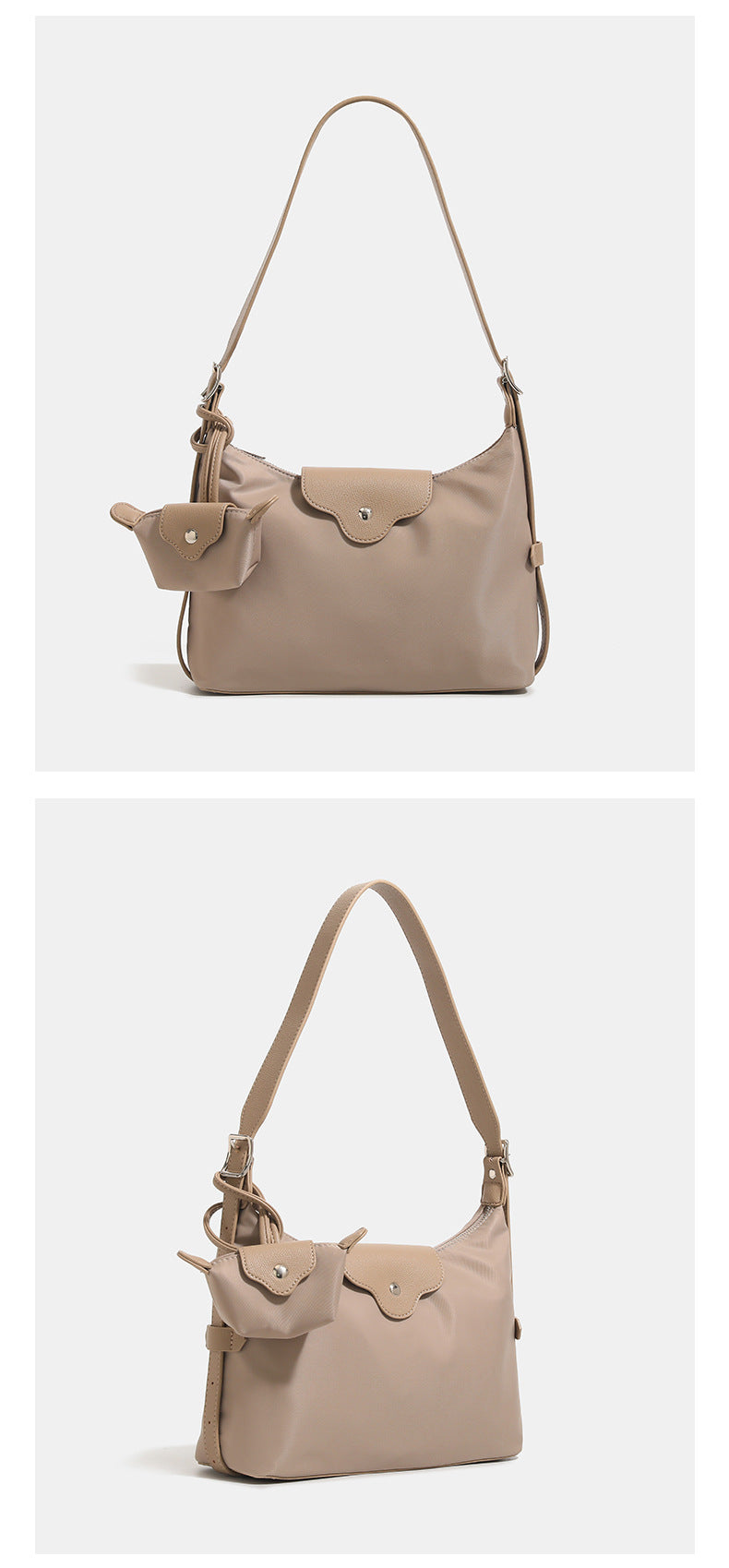Slouchy hobo shoulder bag in smooth fabric with leather-look tan trim, zip-top closure, adjustable strap, and detachable