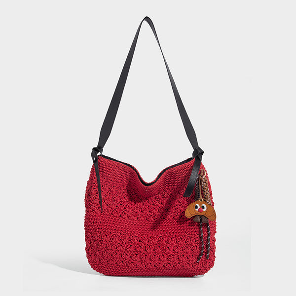 Weich fallende, gewebte Häkeltasche mit verstellbarem Riemen in Cognac mit Lederoptik und Druckknopfverschluss, Detailansicht 7