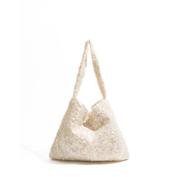 Slouchy all-over sequin shoulder tote bag with single strap and open top, detail view 7