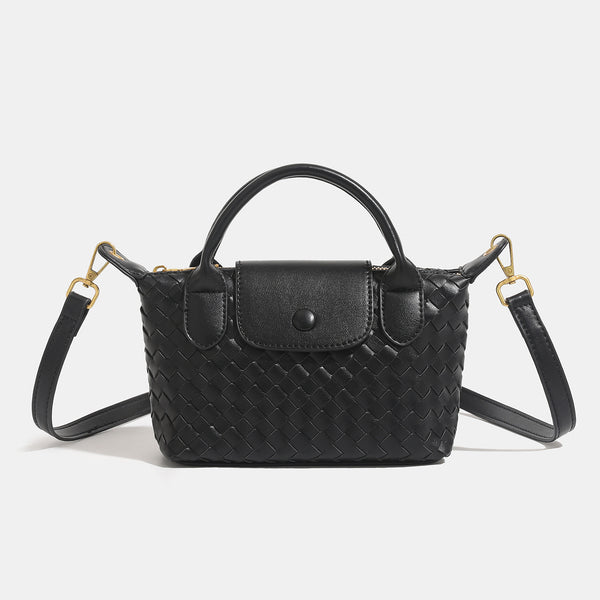 Small structured woven leather-look top-handle bag with gold-tone hardware and detachable crossbody strap, detail view 7