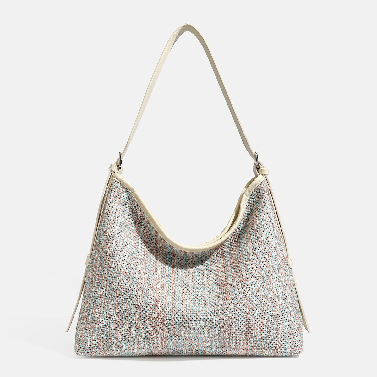 Large slouchy woven shoulder bag with dark brown leather-look trim and adjustable strap, detail view 9