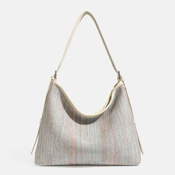 Large slouchy woven shoulder bag with dark brown leather-look trim and adjustable strap, detail view 9
