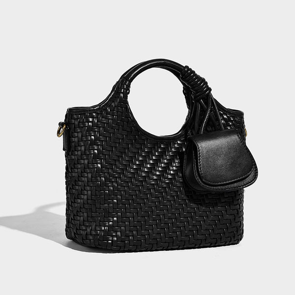 Woven texture tote bag with knotted top handles, attached front mini pouch, and gold-tone hardware, detail view 7