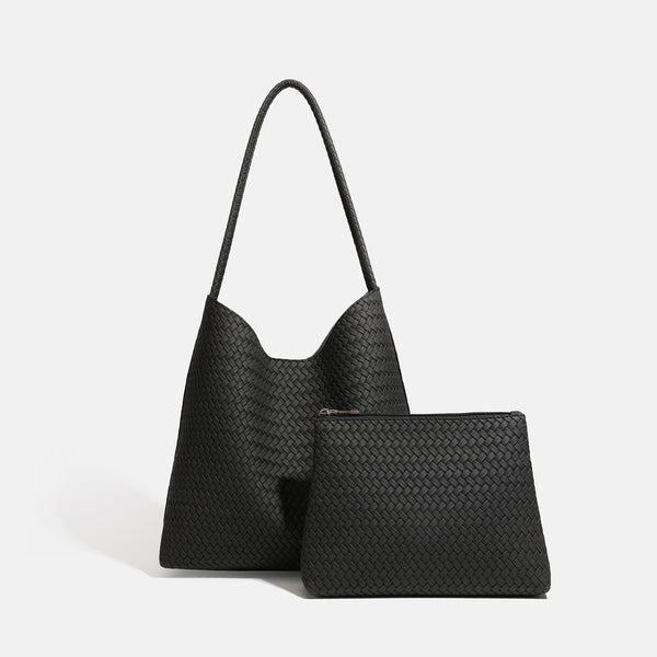 Large woven hobo shoulder bag with braided strap and matching zip pouch in dark brown, detail view 7