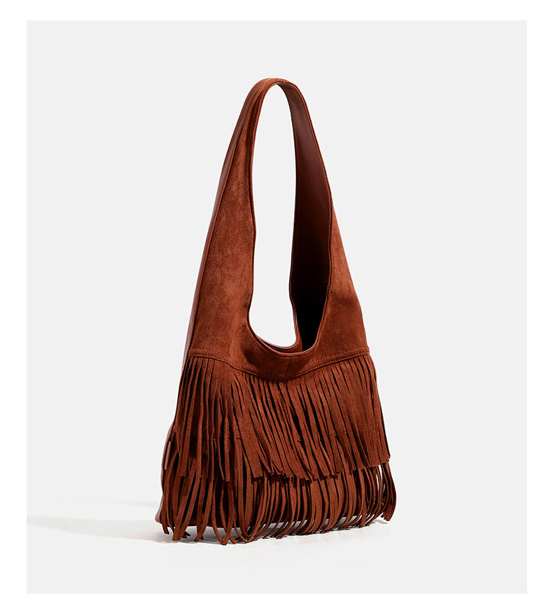 Cognac brown suede-look hobo shoulder bag with layered fringe trim and single loop strap, detail view 8