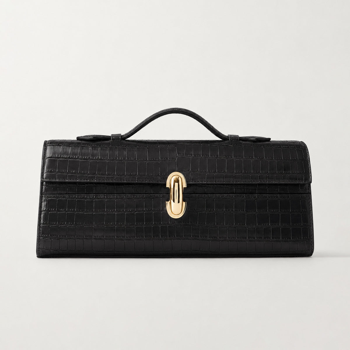 Formstabile rechteckige Clutch mit Überschlag, schmalem Tragegriff und ovalem Drehverschluss in Goldoptik, Detailansicht 9