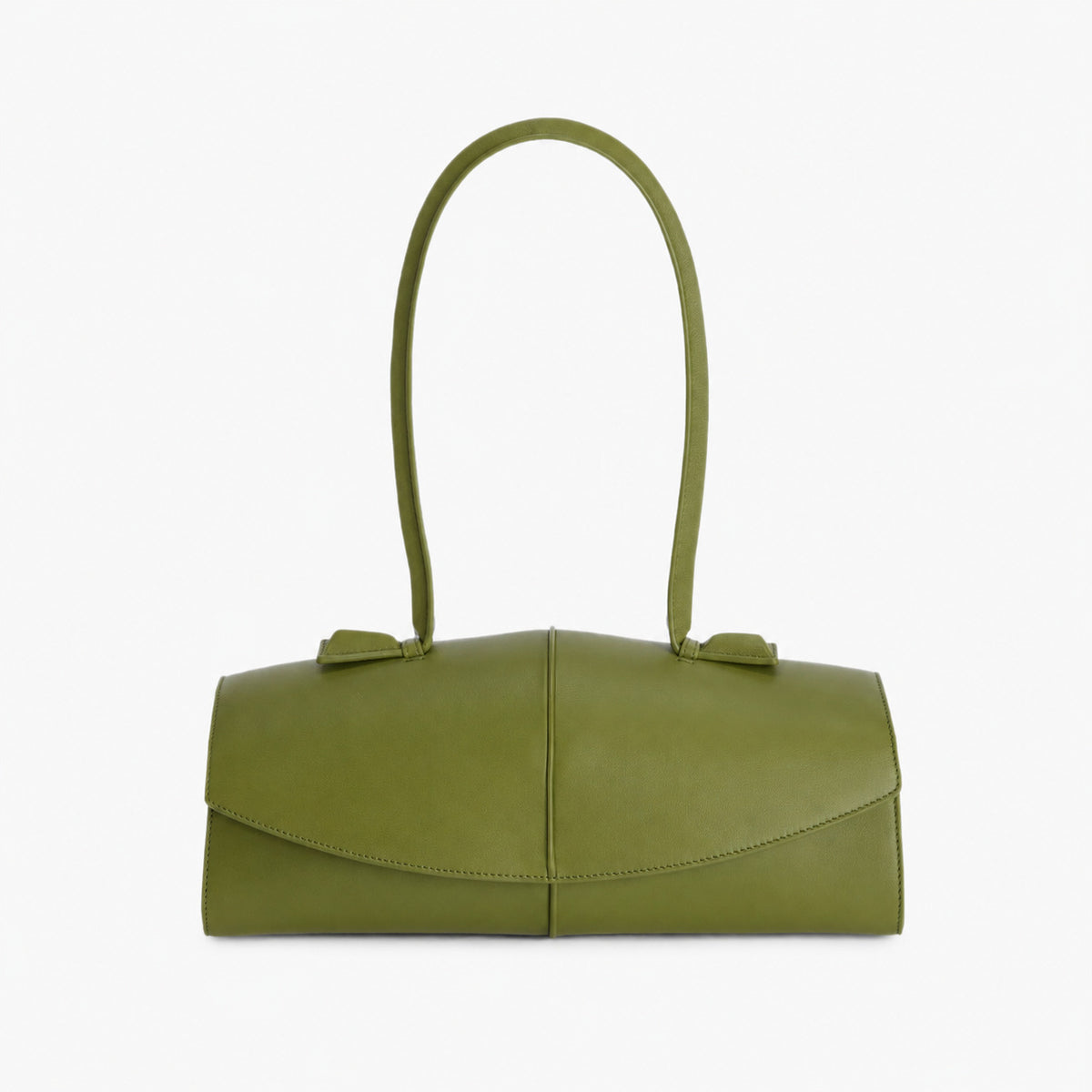 Elongated structured baguette shoulder bag with curved flap closure and slim looped strap, detail view 8