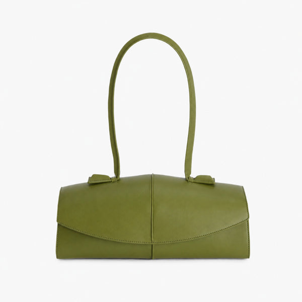 Elongated structured baguette shoulder bag with curved flap closure and slim looped strap, detail view 8