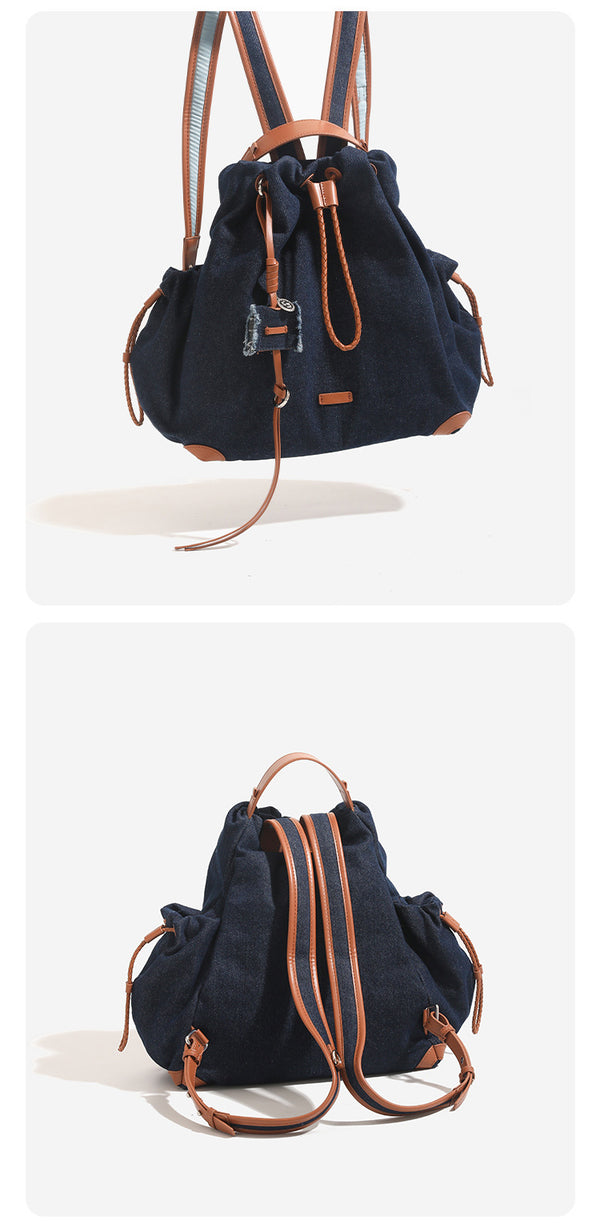 Lässiger Rucksack im Beuteltaschen-Stil mit Kordelzugverschluss, geflochtener Kordel, cognacfarbenen Kunstlederdetails und Eckenschutz, Detailansicht 15