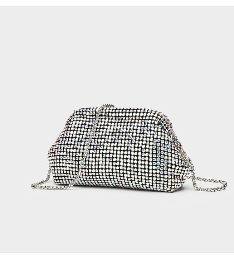 Small crystal rhinestone clutch crossbody bag with silver-tone chain strap and frame-clip closure, detail view 21