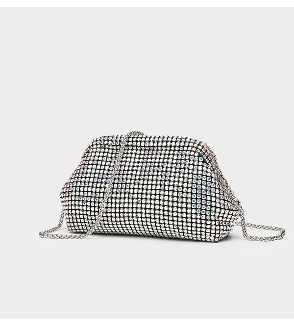Small crystal rhinestone clutch crossbody bag with silver-tone chain strap and frame-clip closure, detail view 21