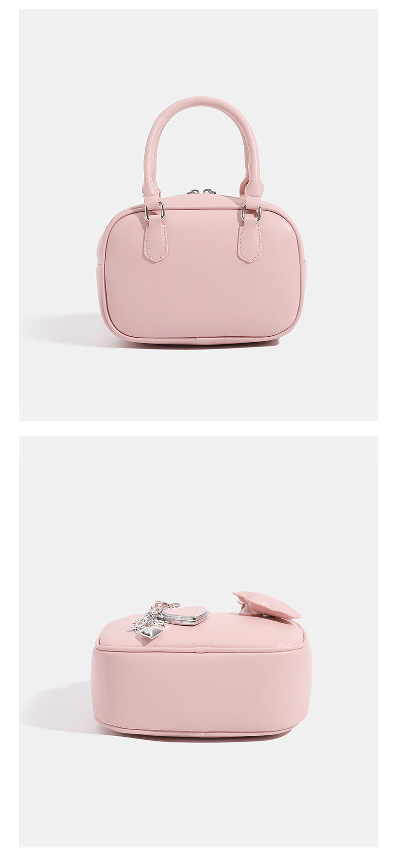 Small structured rounded-rectangle mini handbag with glossy leather-look finish, top zip closure, silver-tone hardware, and