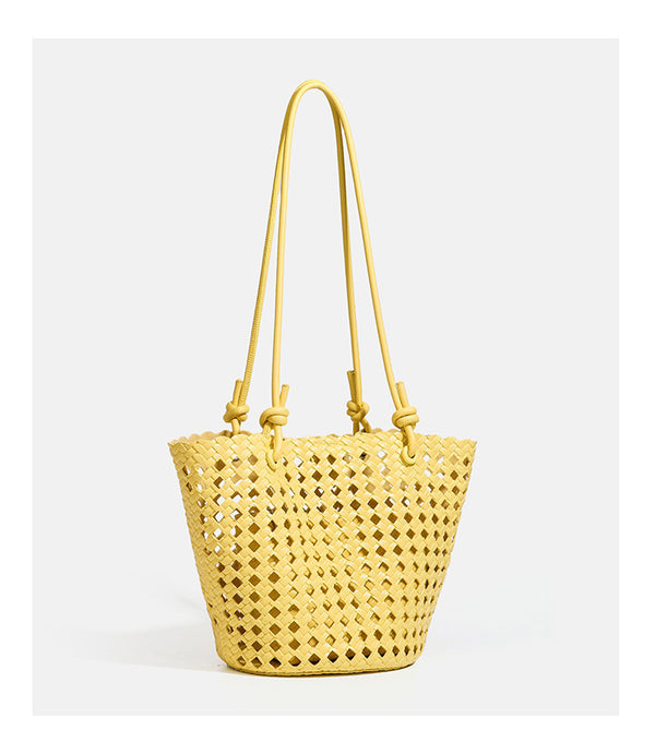 Open-weave lattice bucket tote bag with long knotted cord handles and tapered silhouette, detail view 20