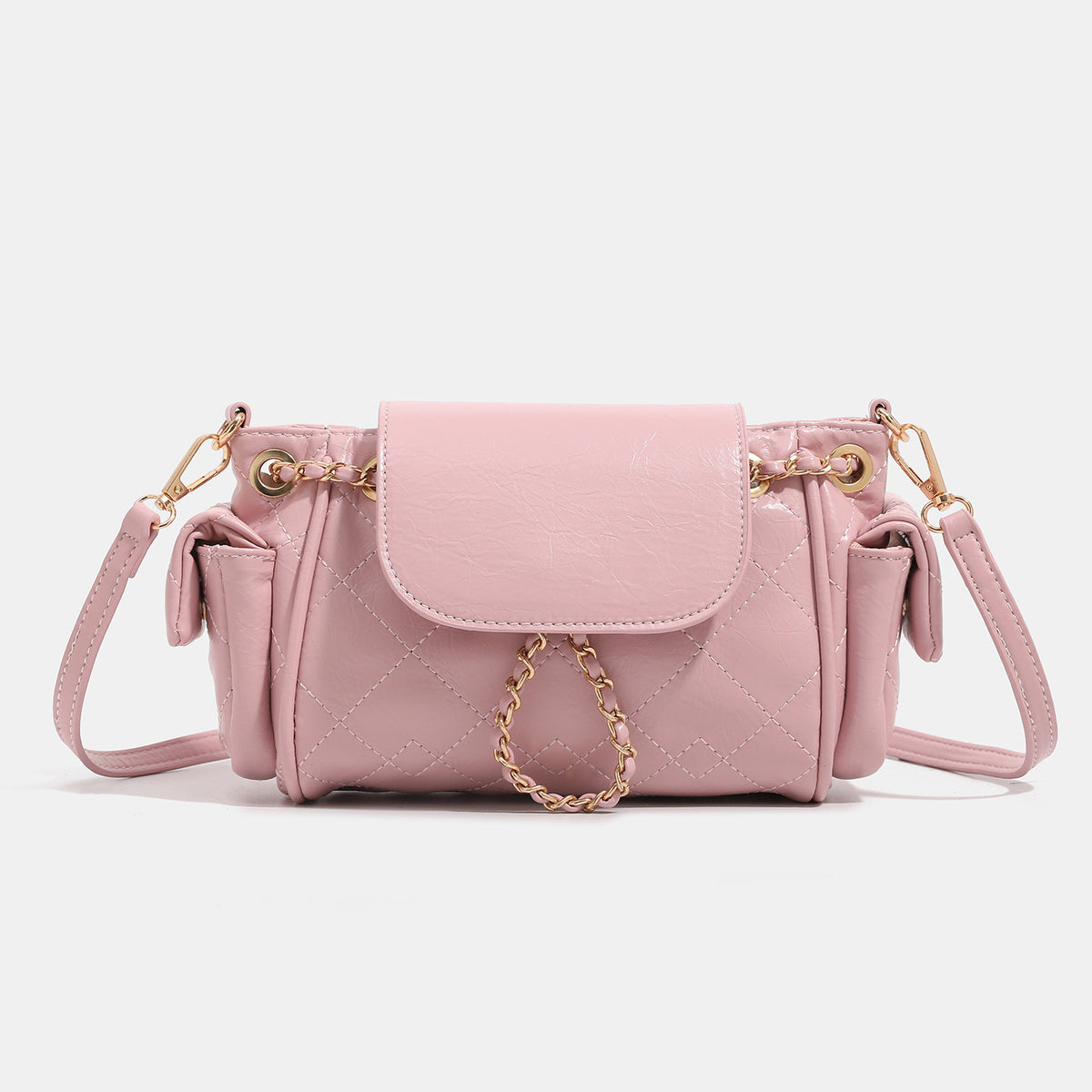 Small quilted leather-look flap bag with gold-tone chain strap and diamond stitch pattern, detail view 8
