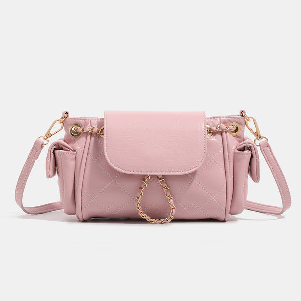 Small quilted leather-look flap bag with gold-tone chain strap and diamond stitch pattern, detail view 8