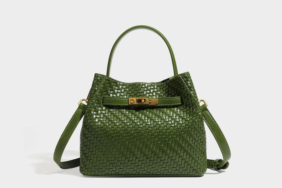 Structured woven leather-look bucket bag with gold-tone turn-lock hardware and detachable shoulder strap, detail view 45