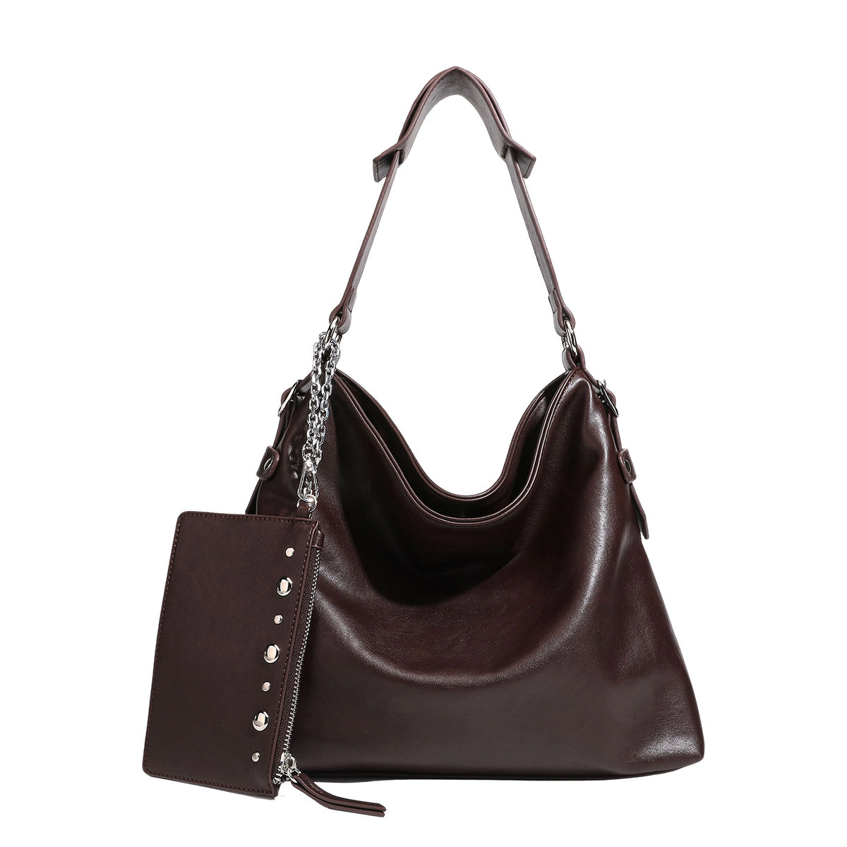 Large slouchy hobo shoulder bag in dark brown with smooth leather-look finish, adjustable strap, and silver-tone hardware