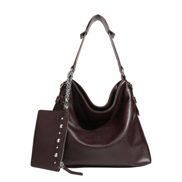 Large slouchy hobo shoulder bag in dark brown with smooth leather-look finish, adjustable strap, and silver-tone hardware