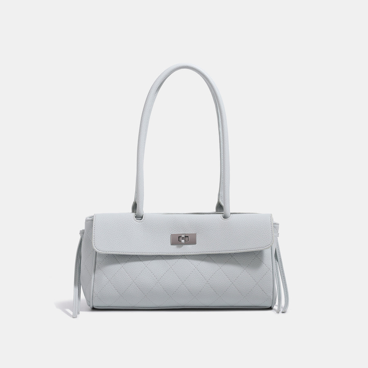 Structured quilted diamond-stitch baguette handbag with gold-tone turn-lock closure and dual top handles, detail view 8