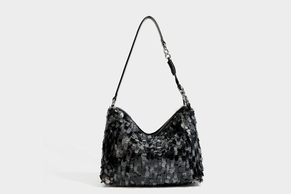 Slouchy paillette sequin hobo shoulder bag with zip closure and adjustable leather-look strap with silver chain hardware