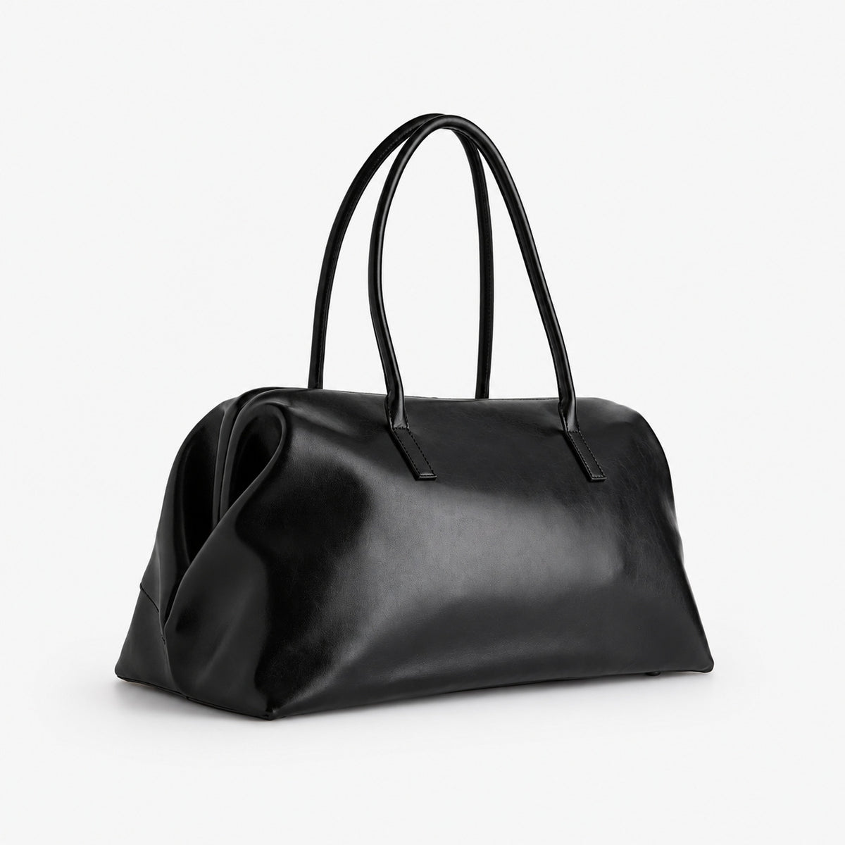 Large structured black Boston tote bag with double shoulder handles and full-length front zipper compartment, detail view 20