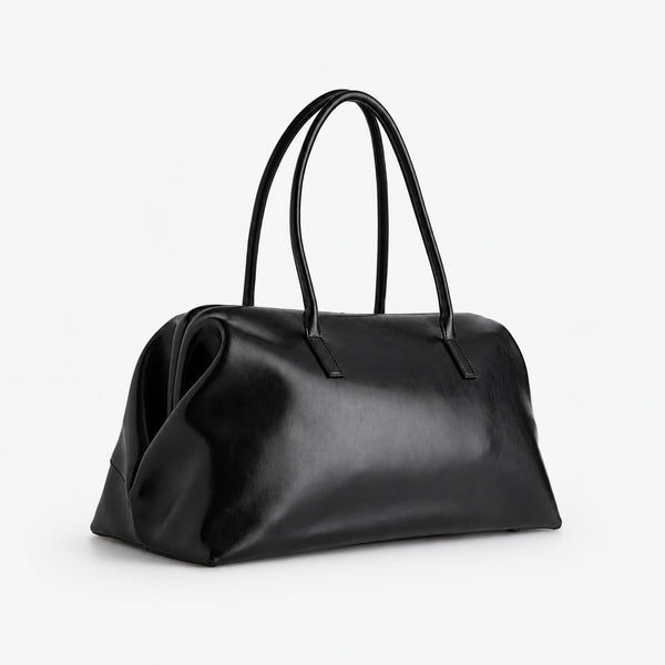 Large structured black Boston tote bag with double shoulder handles and full-length front zipper compartment, detail view 20