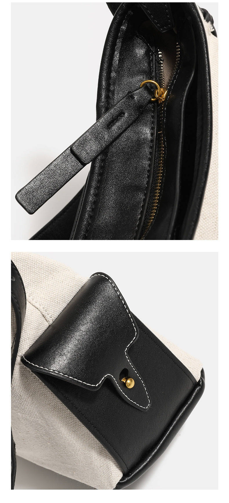 Off-white canvas shoulder bag with black leather-look trim, gold-tone ring hardware, top zip closure, side flap pocket, and