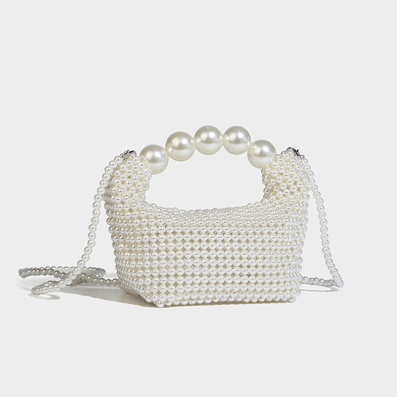 Kleine formstabile Mini-Henkeltasche mit Kunstperlenbesatz, übergroßem Perlenbogenhenkel und abnehmbarem Perlen-Crossbody-Riemen