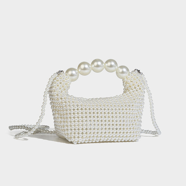 Kleine formstabile Mini-Henkeltasche mit Kunstperlenbesatz, übergroßem Perlenbogenhenkel und abnehmbarem Perlen-Crossbody-Riemen