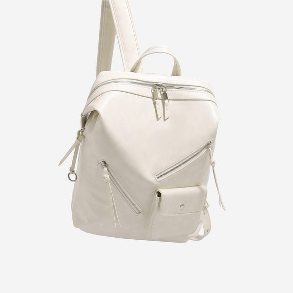 Structured smooth leather-look backpack handbag with dual top zip closure, diagonal front zip pocket, snap-flap mini pocket