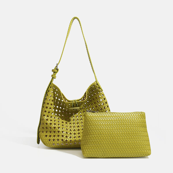 Brown open-lattice woven leather-look hobo shoulder bag with braided strap and matching zip pouch, detail view 11