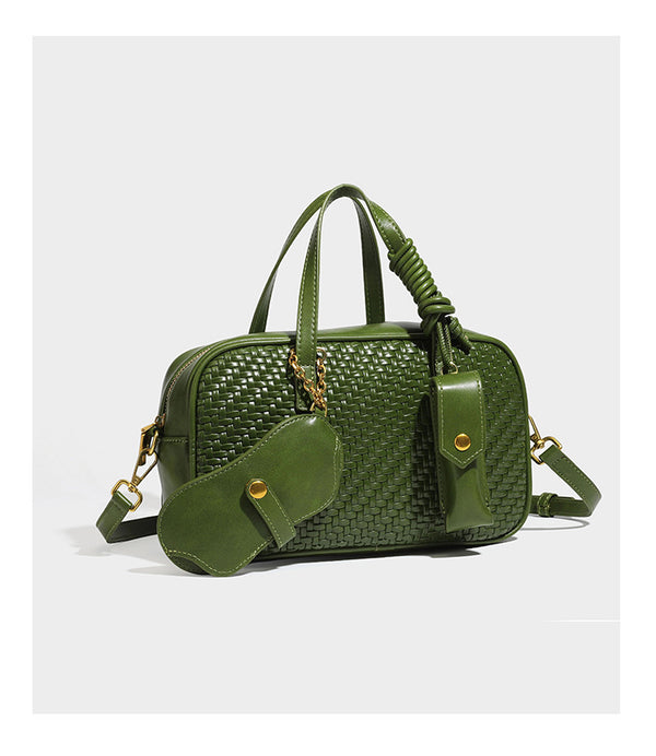 Strukturierte rechteckige Satchel-Tasche mit gewebtem Vorderteil in Lederoptik, goldfarbenen Details, zwei Tragegriffen und abnehmbarem