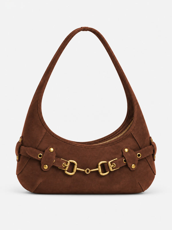 Matte suede-finish half-moon shoulder bag with gold horsebit bar hardware and dome studs, detail view 18