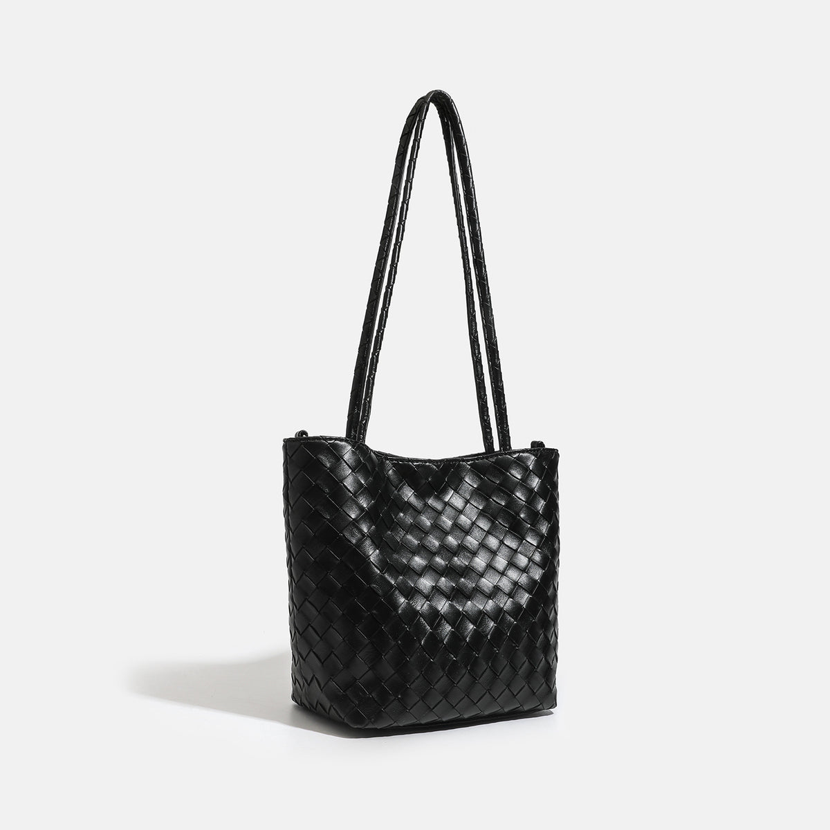 Glossy basket-weave leather-look shoulder tote bag with long braided straps and open top, detail view 2