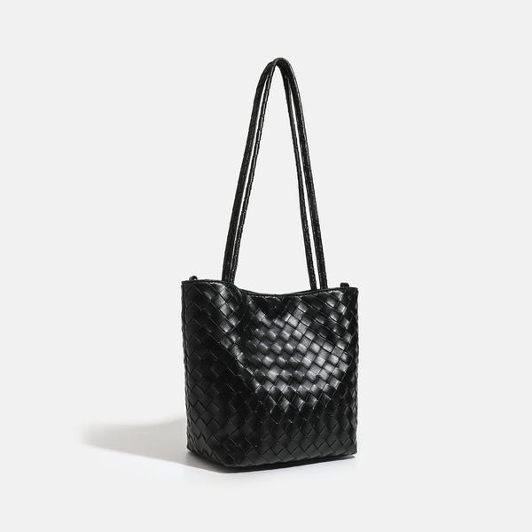 Glossy basket-weave leather-look shoulder tote bag with long braided straps and open top, detail view 2
