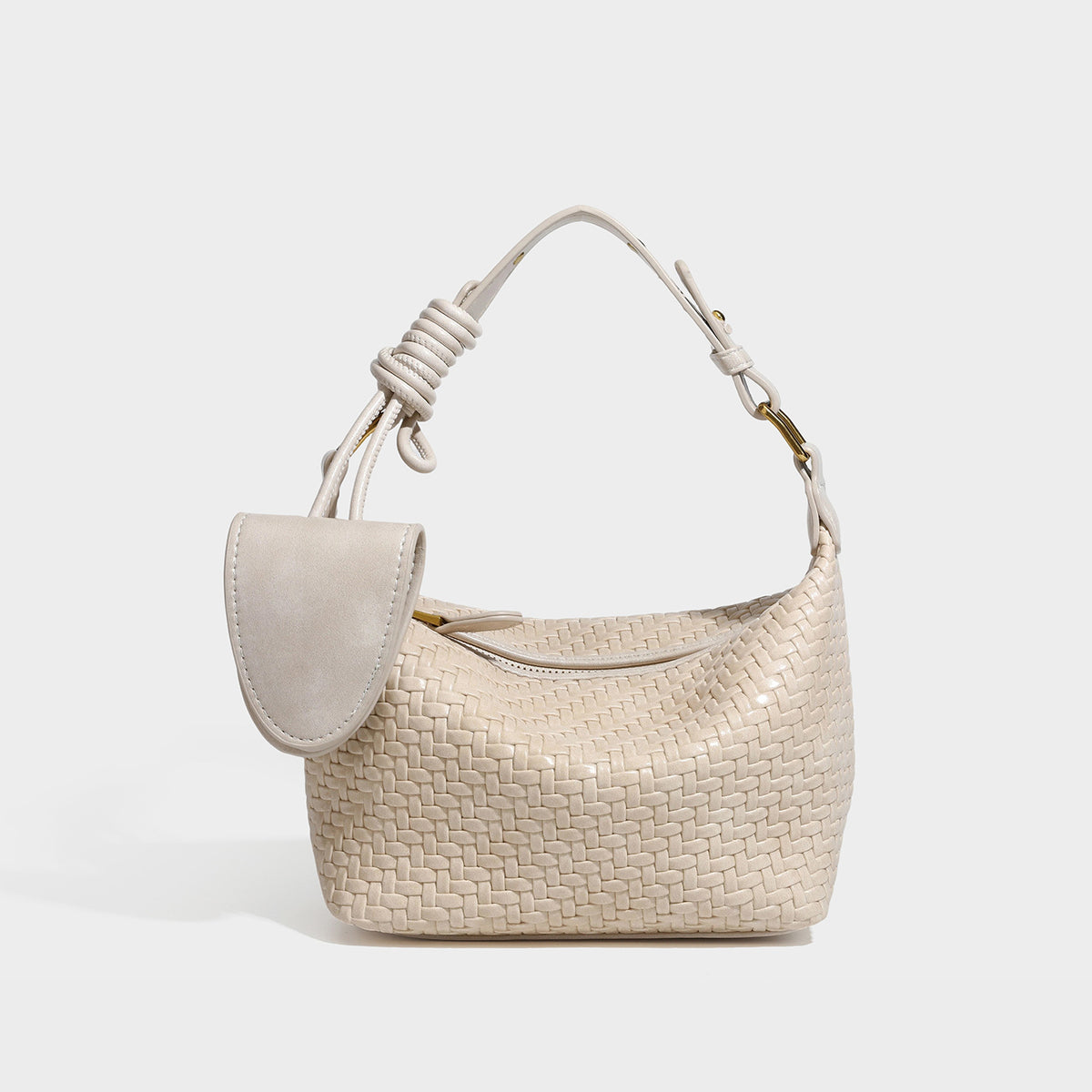 Small glossy basket-weave hobo shoulder bag in brown with knotted top handle, flap accent pocket, and gold-tone hardware