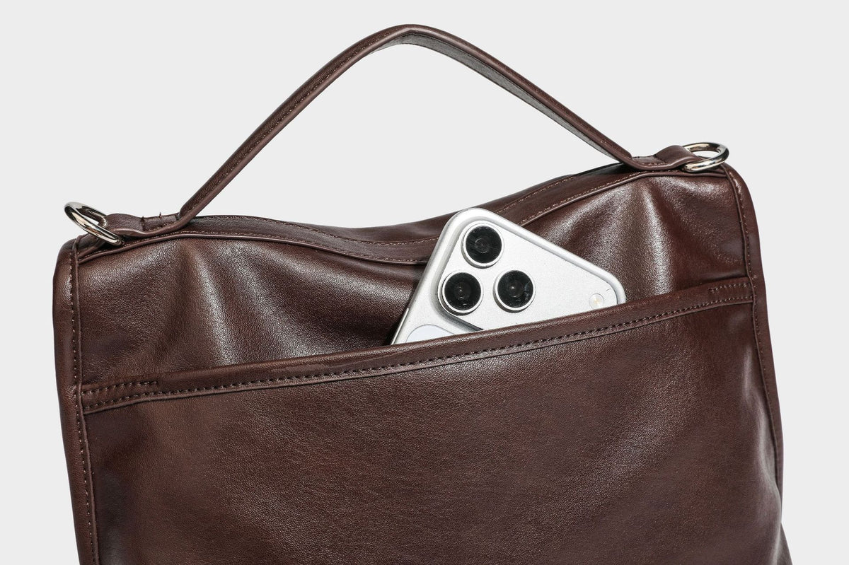Structured rectangular satchel bag in dark espresso brown with smooth leather-look finish, flap front with silver turn-lock