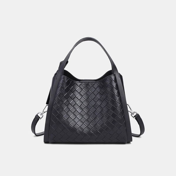 Black woven leather-look bucket tote bag with dual top handles and detachable shoulder strap, silver-tone hardware and zip