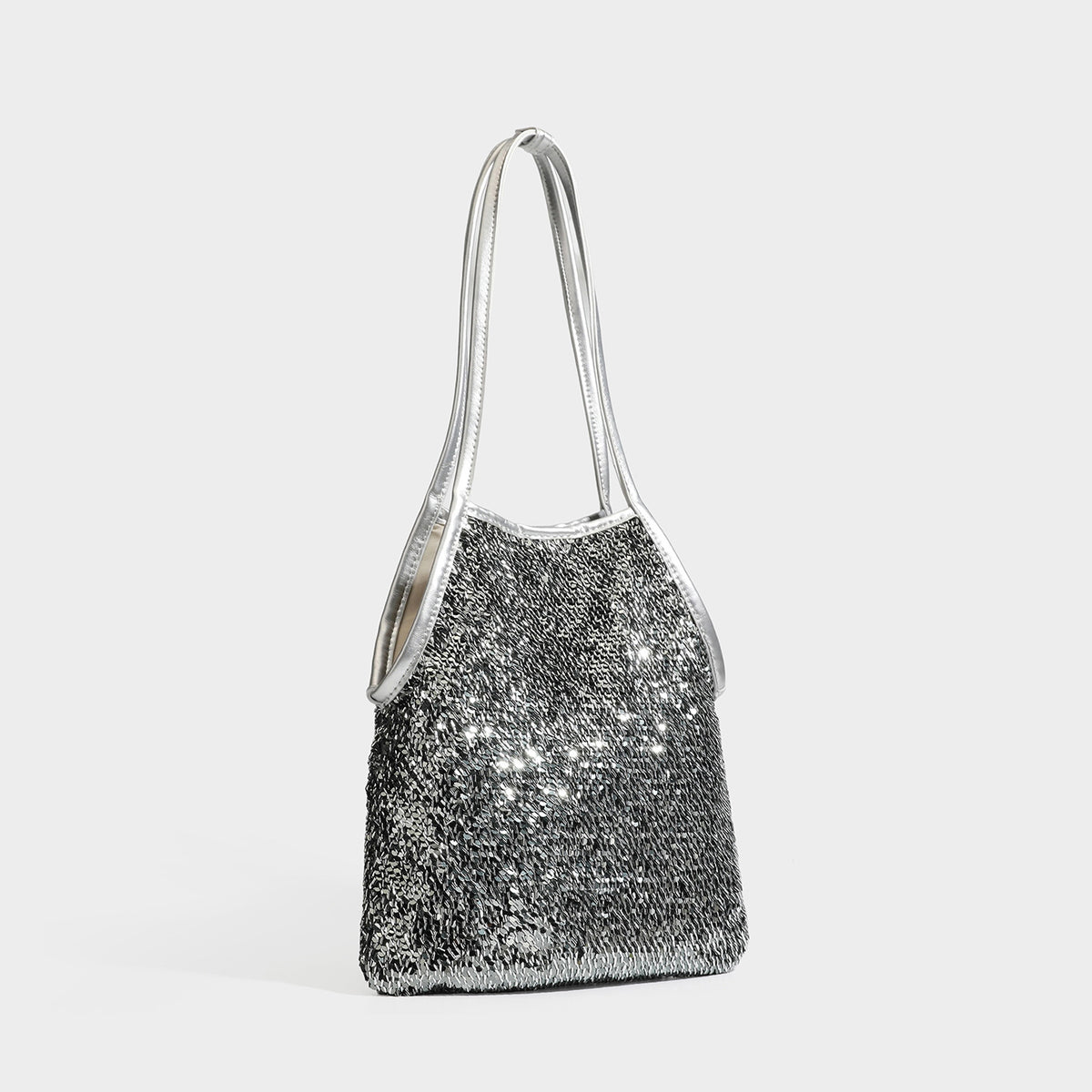 Kleiner Schulter-Shopper mit Pailletten, langem Metallic-Riemen und trapezförmiger Silhouette, Detailansicht 6