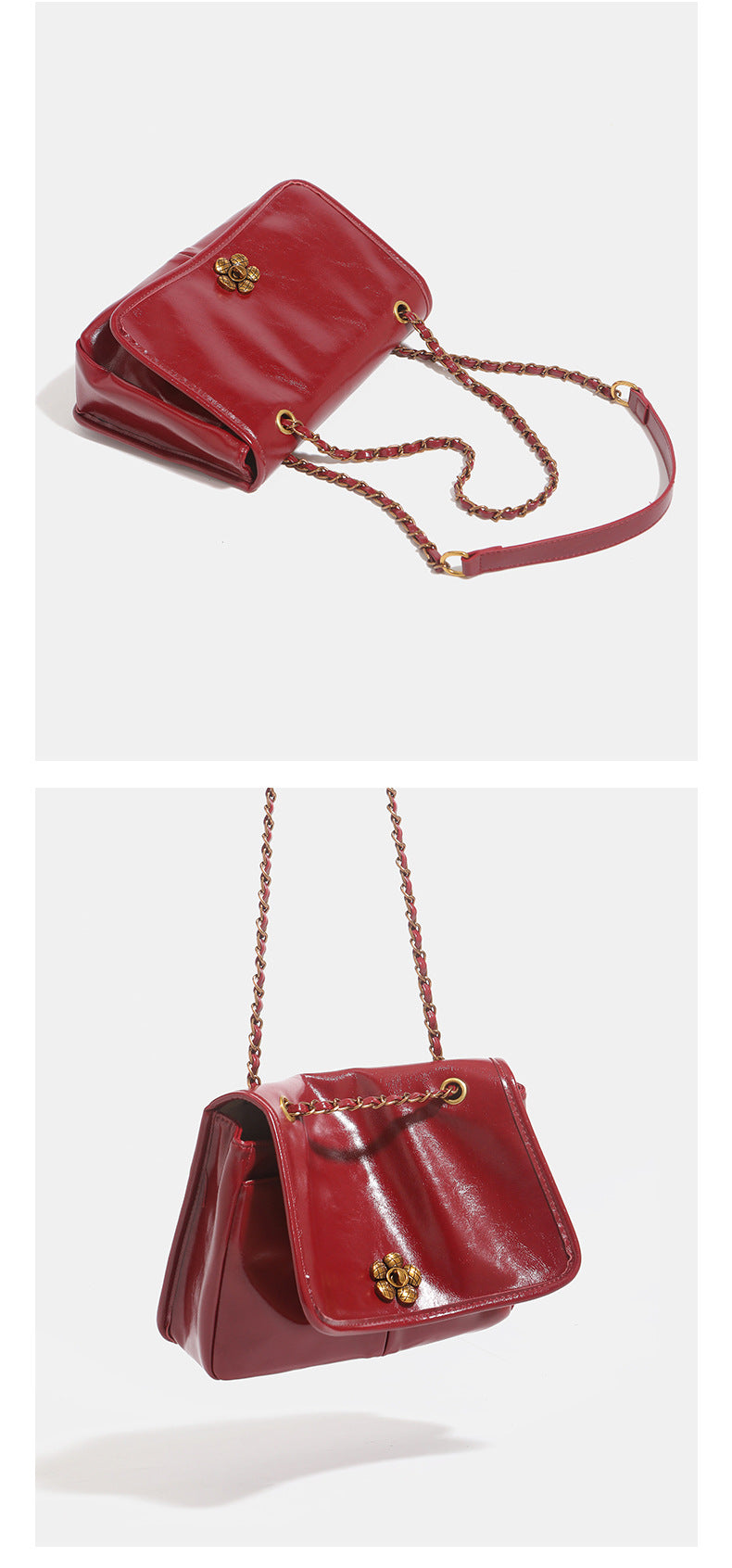 Structured glossy flap shoulder bag with antique gold floral turn-lock clasp and chain-and-leather strap, detail view 14