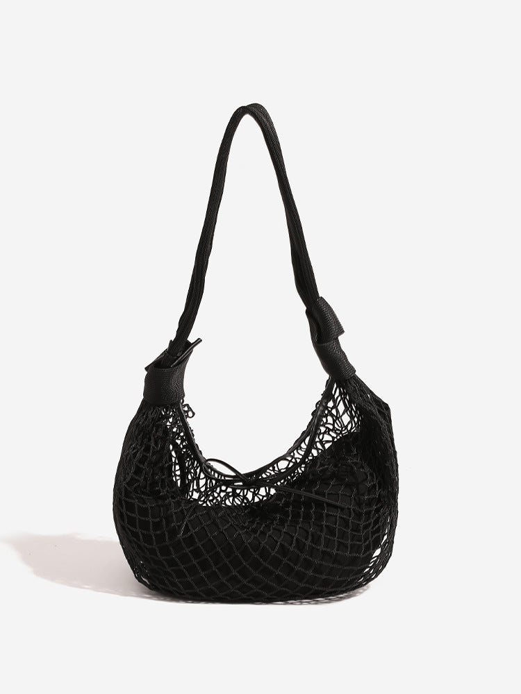 Crescent-shaped open-weave mesh shoulder bag with black drawstring cord tie and long padded strap, detail view 6