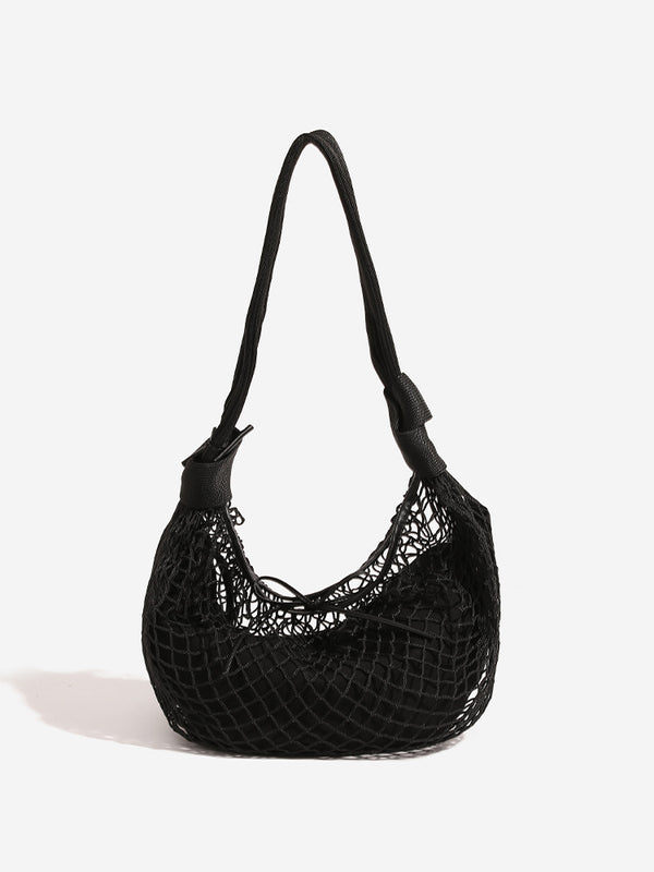 Crescent-shaped open-weave mesh shoulder bag with black drawstring cord tie and long padded strap, detail view 6