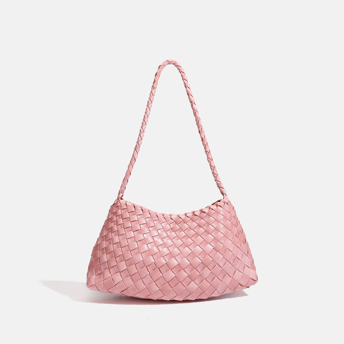 Dark brown hand-woven leather-look hobo shoulder bag with braided strap and drawstring closure, detail view 12
