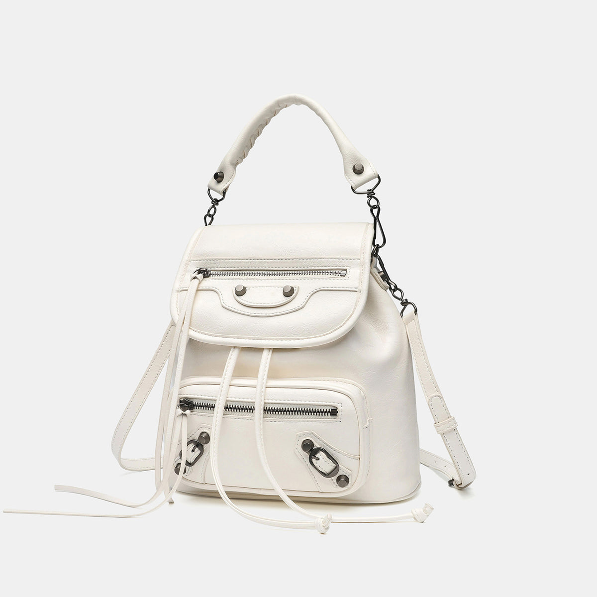 Small structured glossy leather-look convertible backpack handbag in black with flap closure, front zip pockets, metal stud