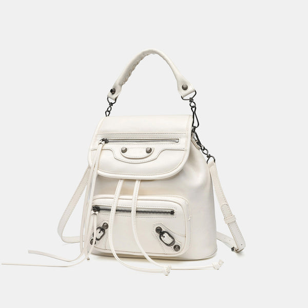 Small structured glossy leather-look convertible backpack handbag in black with flap closure, front zip pockets, metal stud