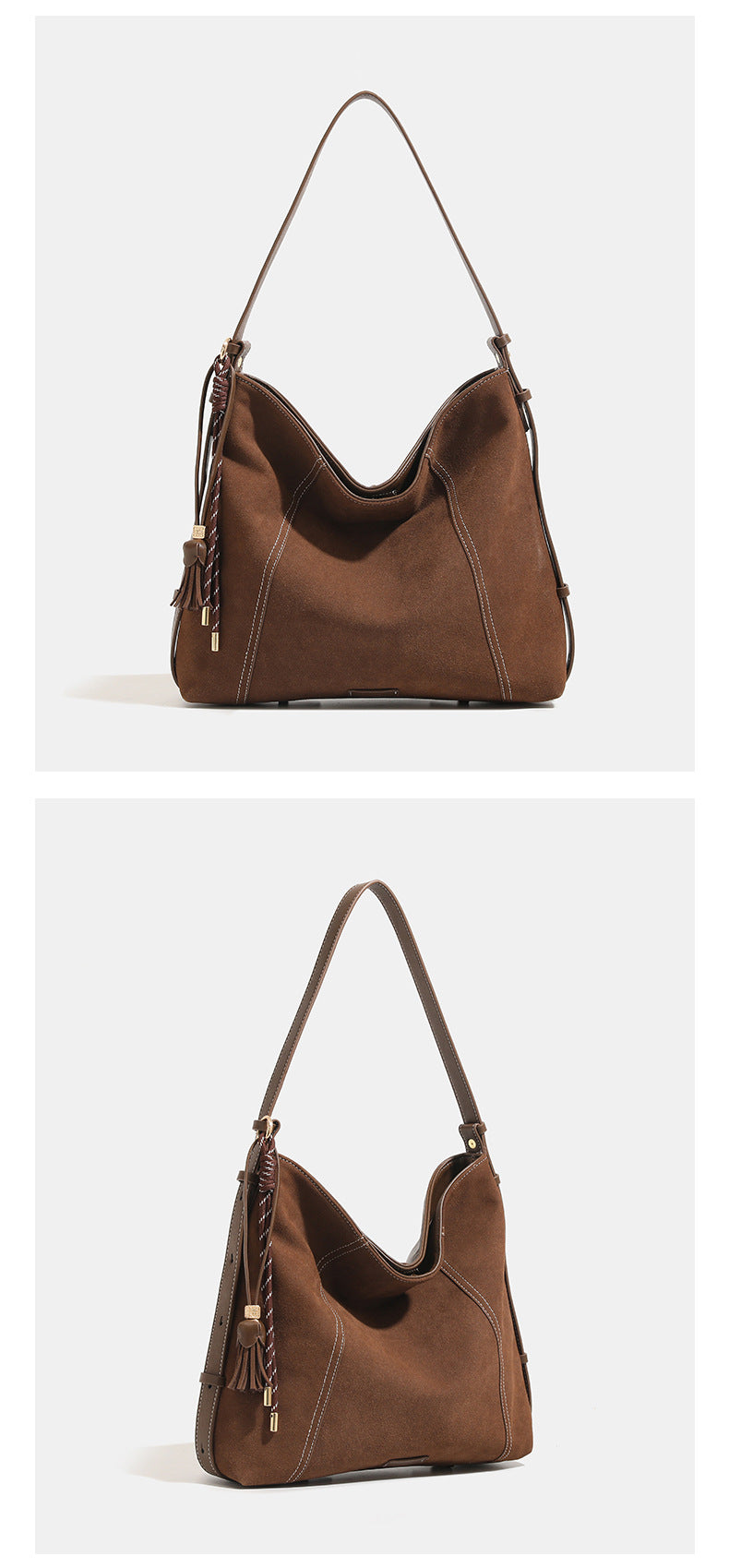 Slouchy suede-finish hobo shoulder bag in warm mocha brown with contrast stitching, braided tassel side accent, and, detail