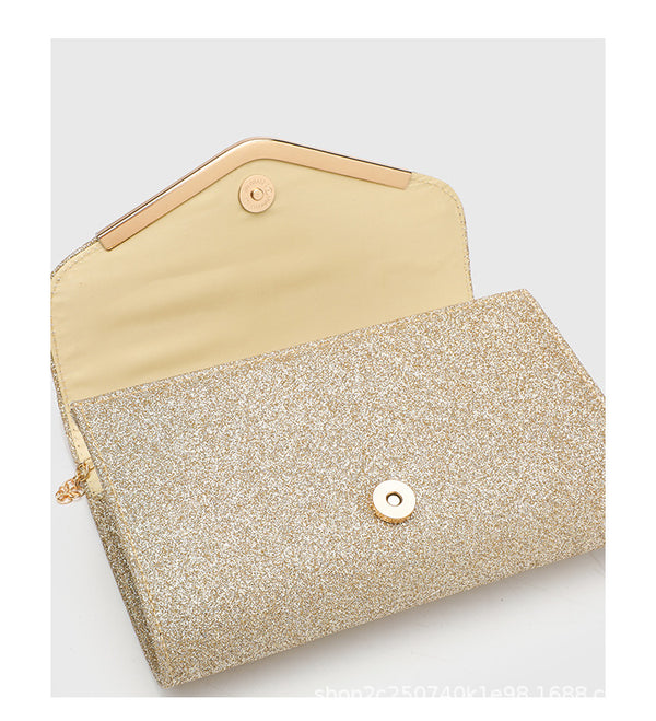 Structured glitter envelope clutch bag with gold-tone V-bar hardware and detachable chain strap, detail view 15