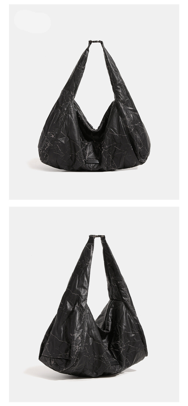 Oversized slouchy hobo shoulder bag in dark marled denim-texture fabric with top zip closure and adjustable single strap
